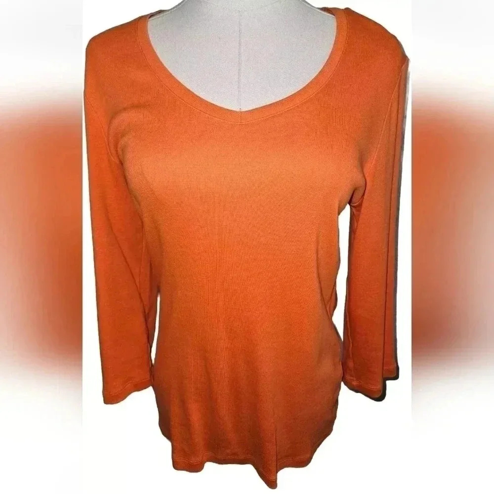 St Johns Bay Womens Scoop Neck Shirt Top Long Sleeve Orange Sz Small
